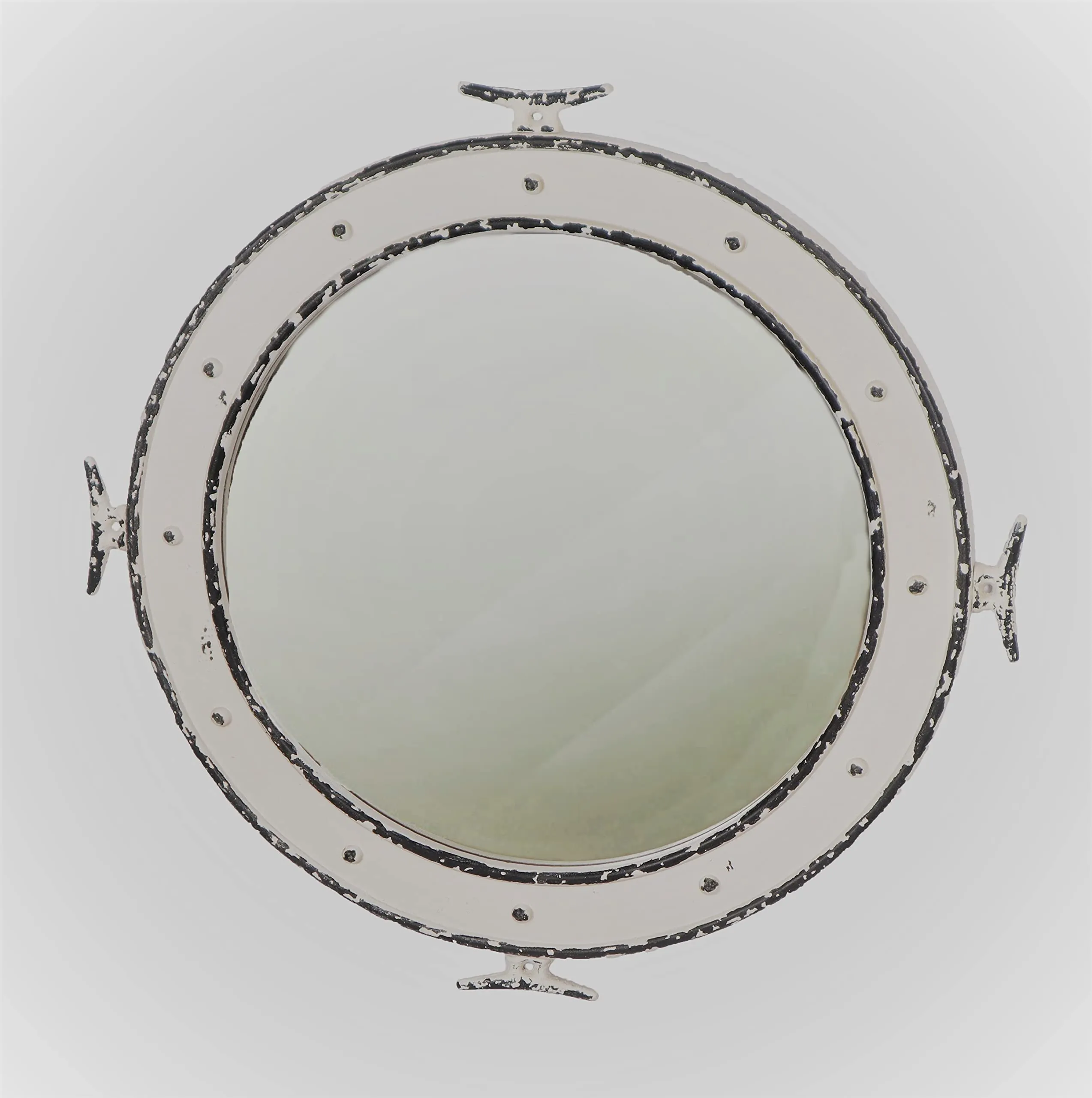 28" Distressed Wooden Porthole Mirror with Cleat Nautical Decoration - Antique Rustic Porthole