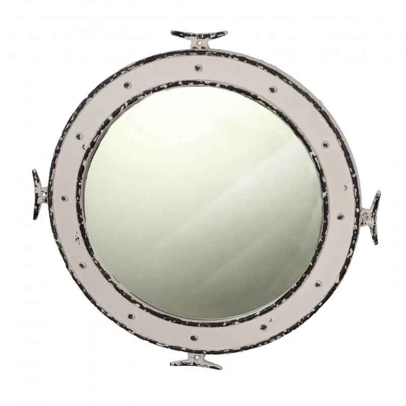 28" Distressed Wooden Porthole Mirror with Cleat Nautical Decoration - Antique Rustic Porthole