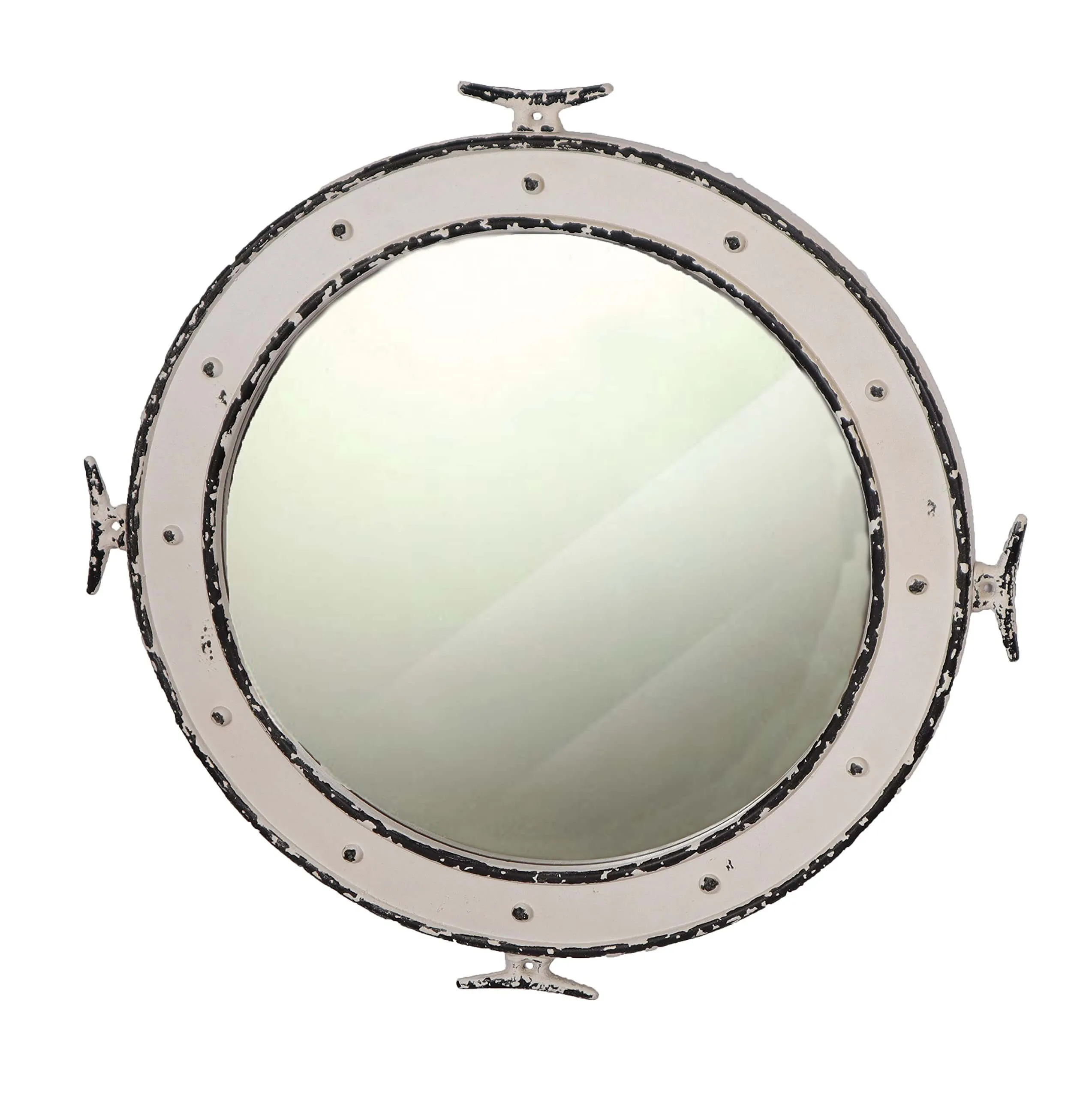 28" Distressed Wooden Porthole Mirror with Cleat Nautical Decoration - Antique Rustic Porthole
