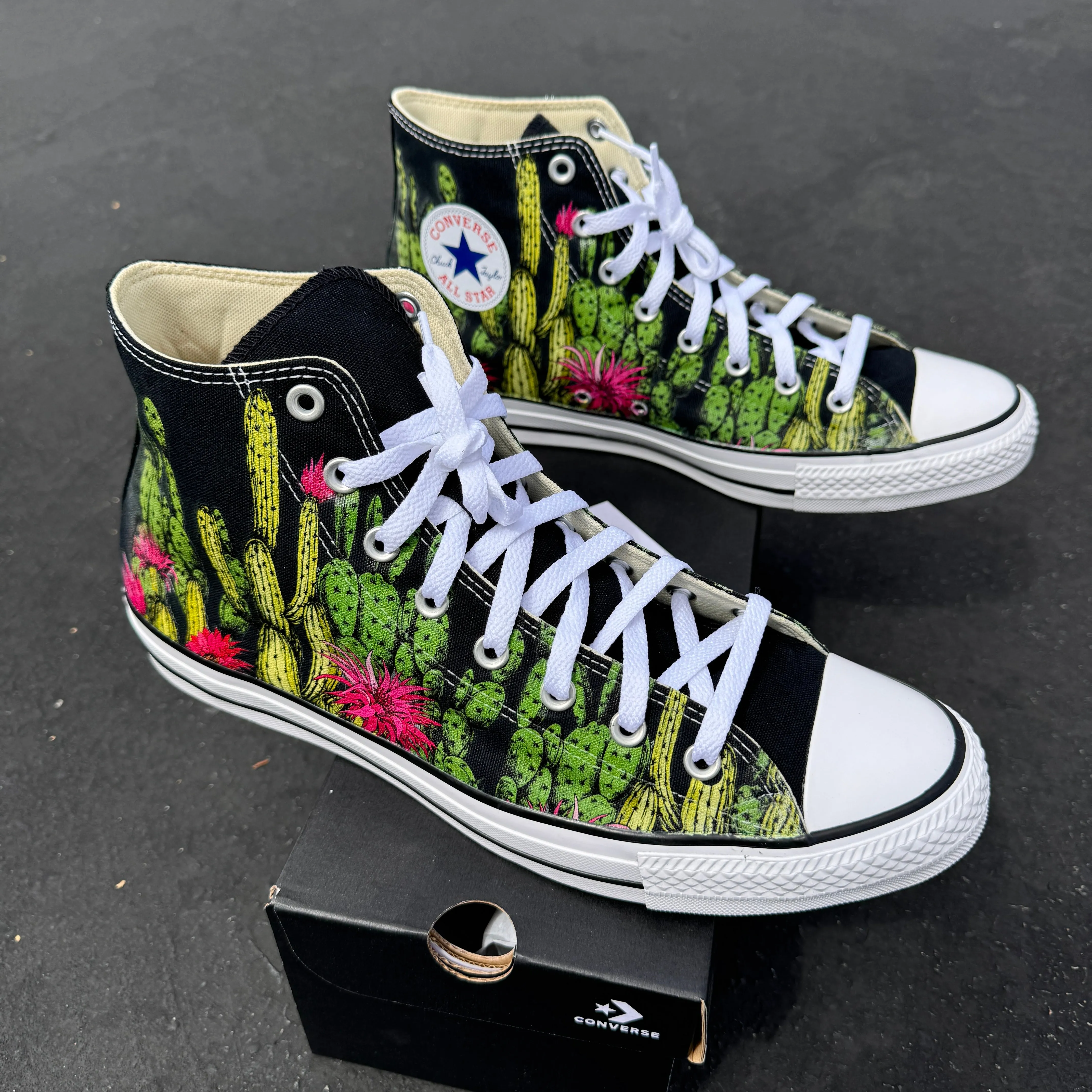 Cactus Garden - Custom Succulent Black High Top Converse Chuck Taylor for Men and Women Unisex High Top Converse Sneaker with Desert Flowers
