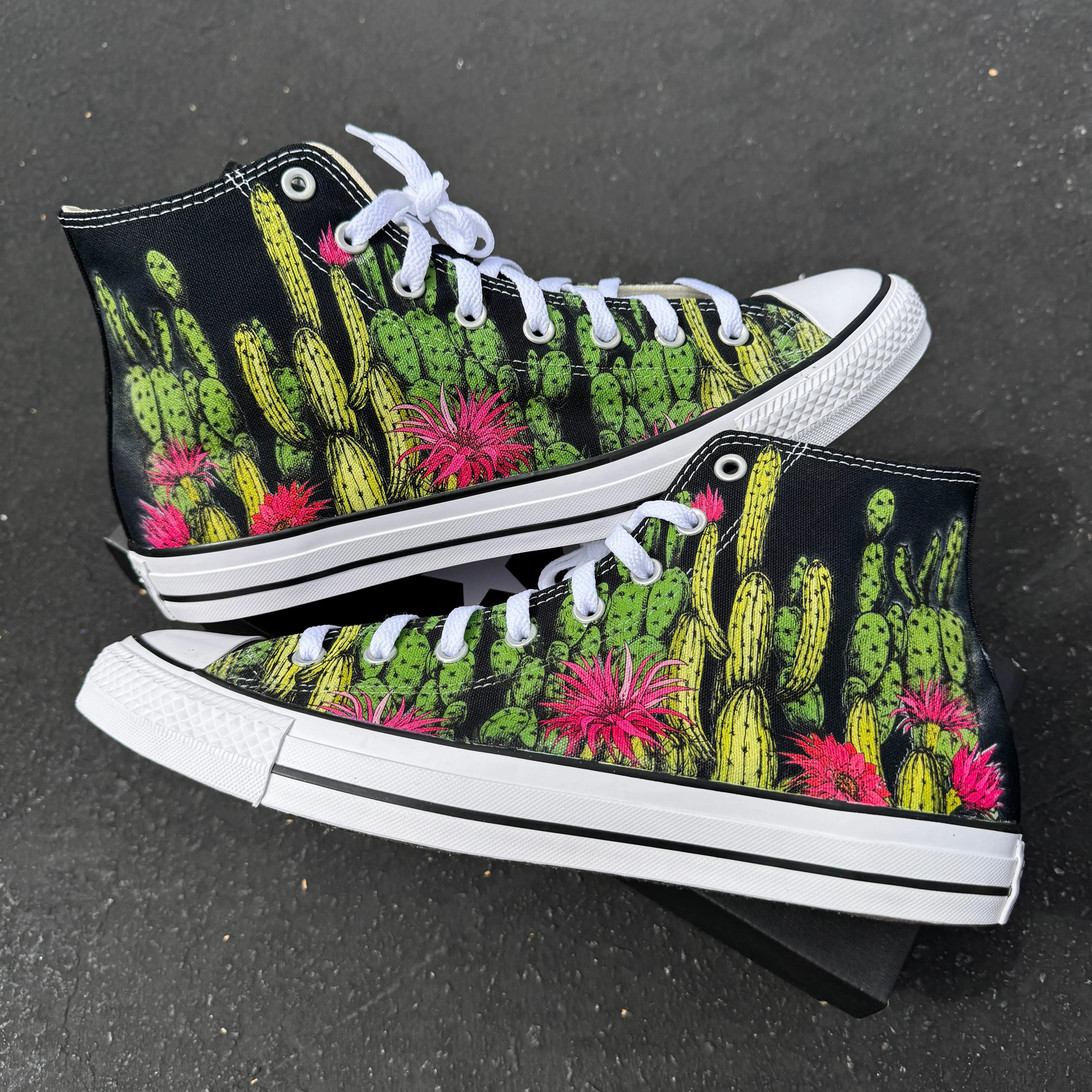 Cactus Garden - Custom Succulent Black High Top Converse Chuck Taylor for Men and Women Unisex High Top Converse Sneaker with Desert Flowers