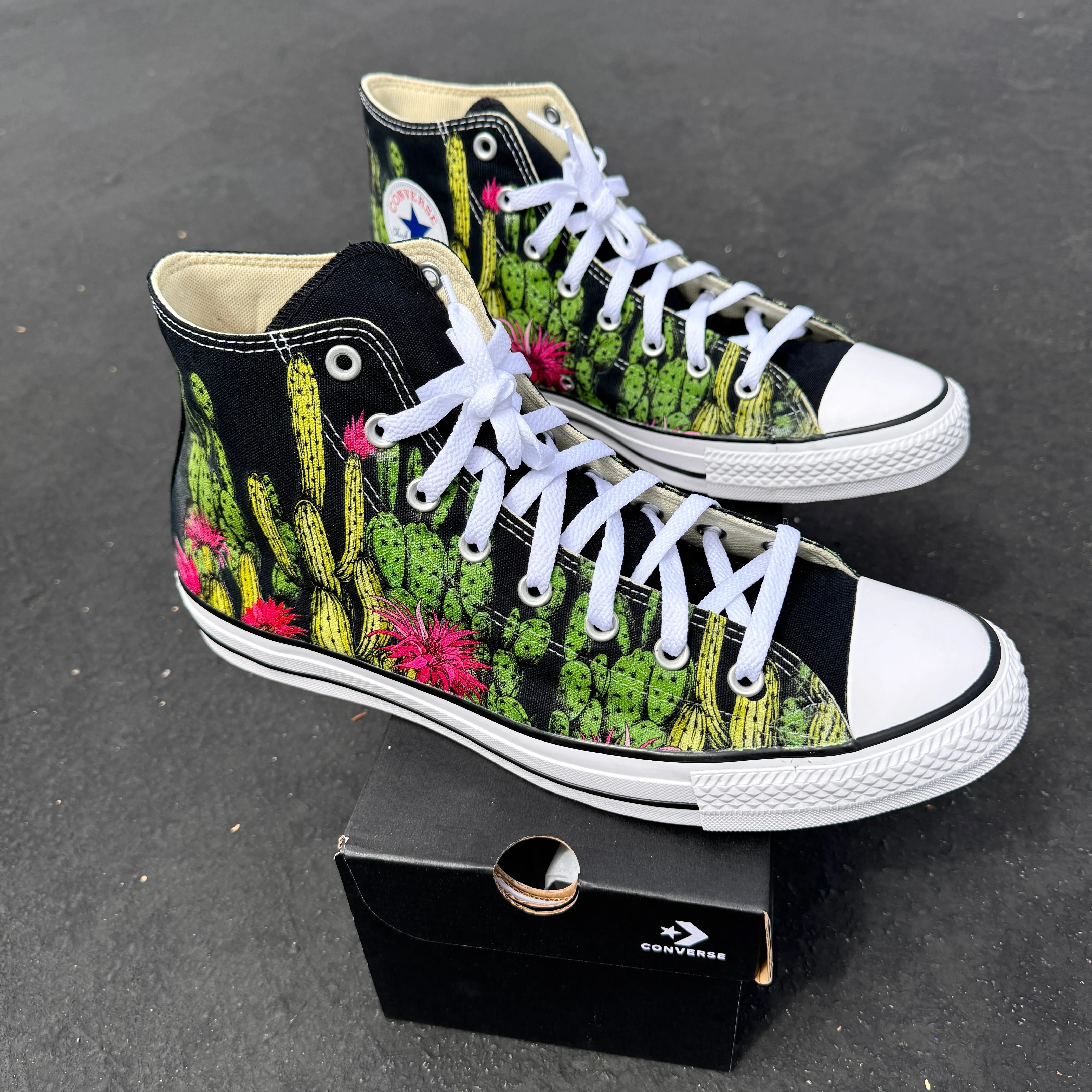 Cactus Garden - Custom Succulent Black High Top Converse Chuck Taylor for Men and Women Unisex High Top Converse Sneaker with Desert Flowers