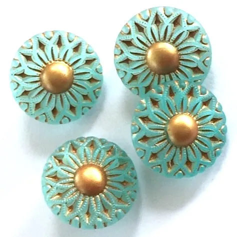 Green   Gold Dahlia Czech Glass 18mm / 3/4"  # CZ 246-1