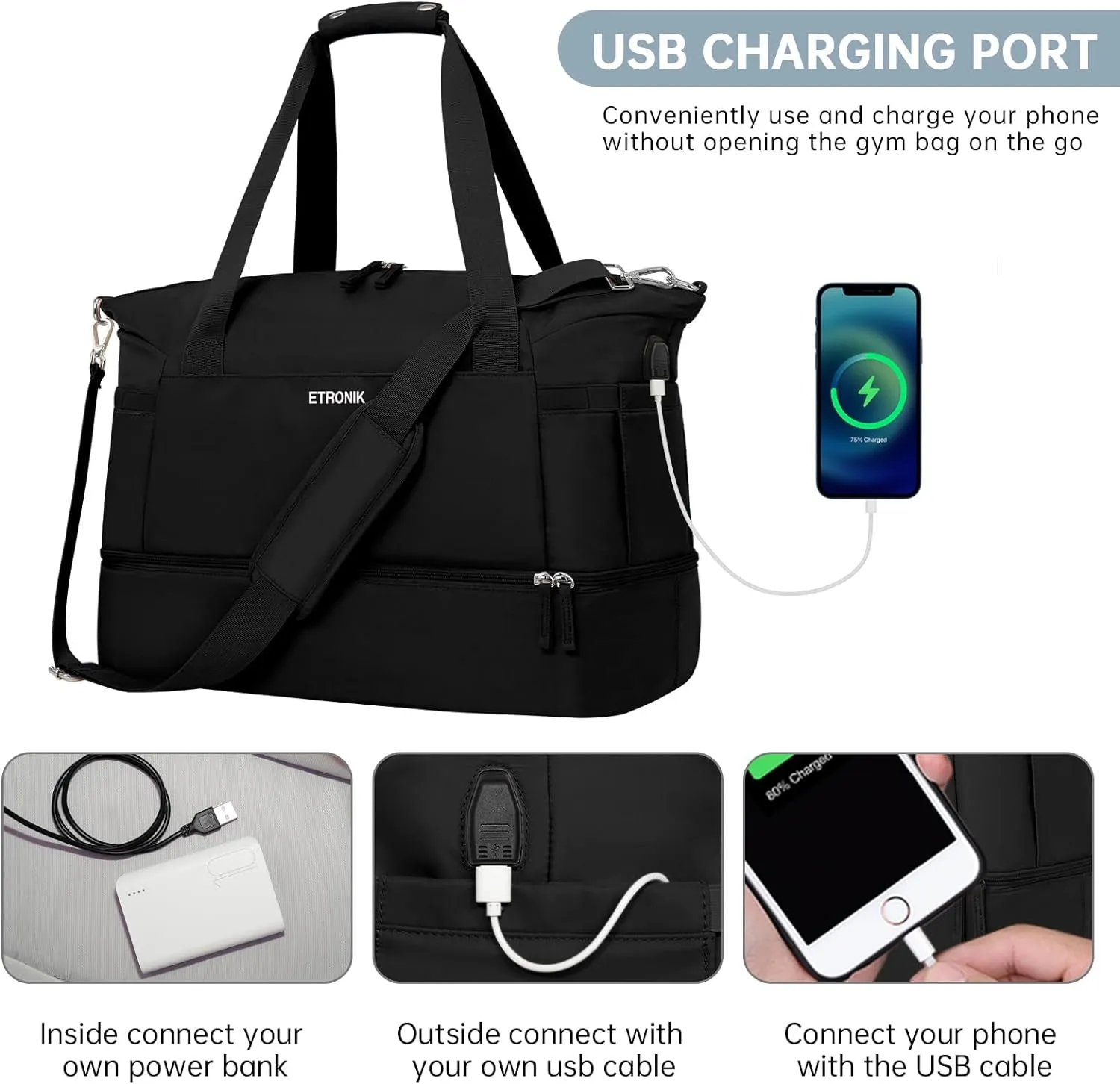 Gym Bag Womens, Sports Travel Duffel Bag with USB Charging Port, Weekend Overnight Bag for Women with Wet Pocket and Shoes Compartment, Hospital Bag, Black