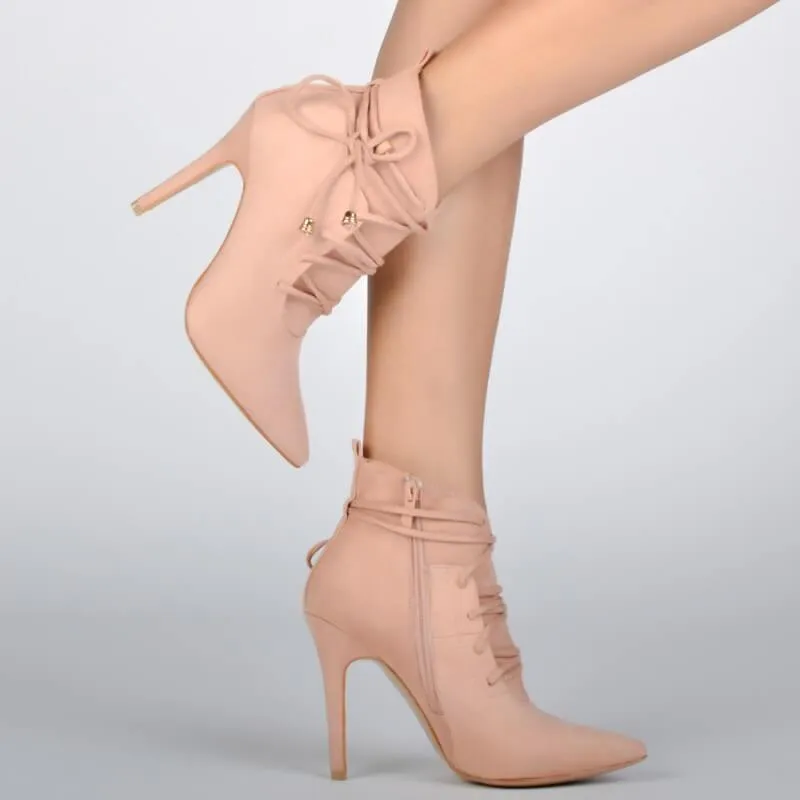 Pink Lace Up High Heel Suede Ankle Boots