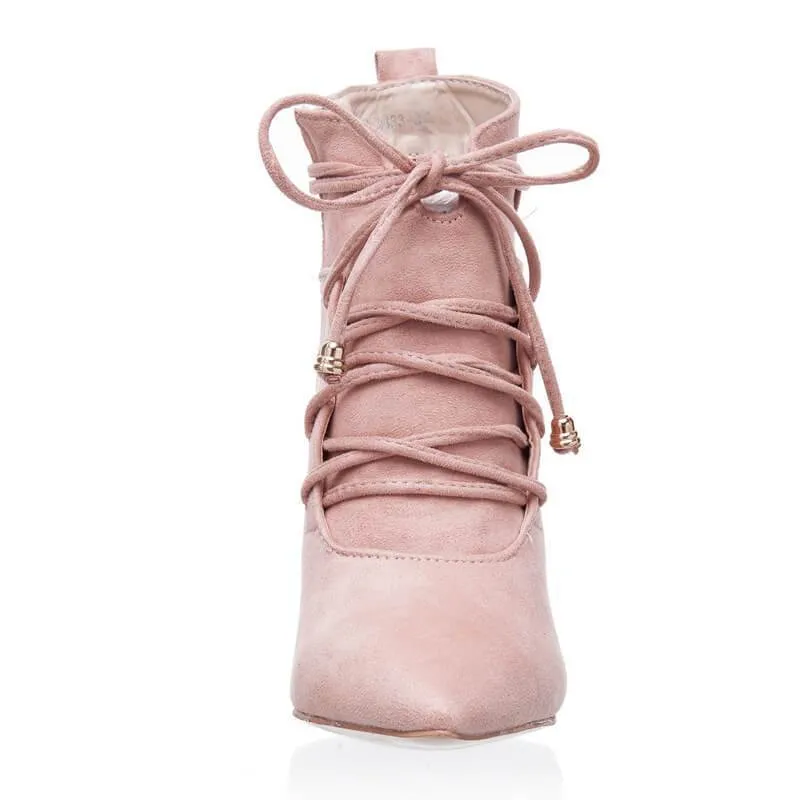 Pink Lace Up High Heel Suede Ankle Boots