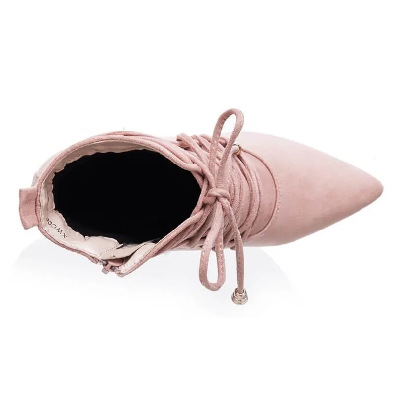Pink Lace Up High Heel Suede Ankle Boots