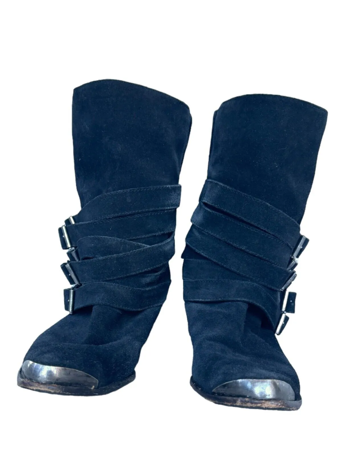 Splendid Strapped Buckles Mid-Calf Cowboy Boots |Black,Suede, Toe Cap, Sz 10 US