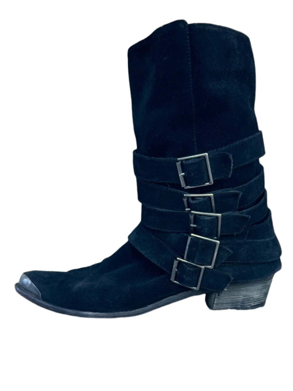 Splendid Strapped Buckles Mid-Calf Cowboy Boots |Black,Suede, Toe Cap, Sz 10 US