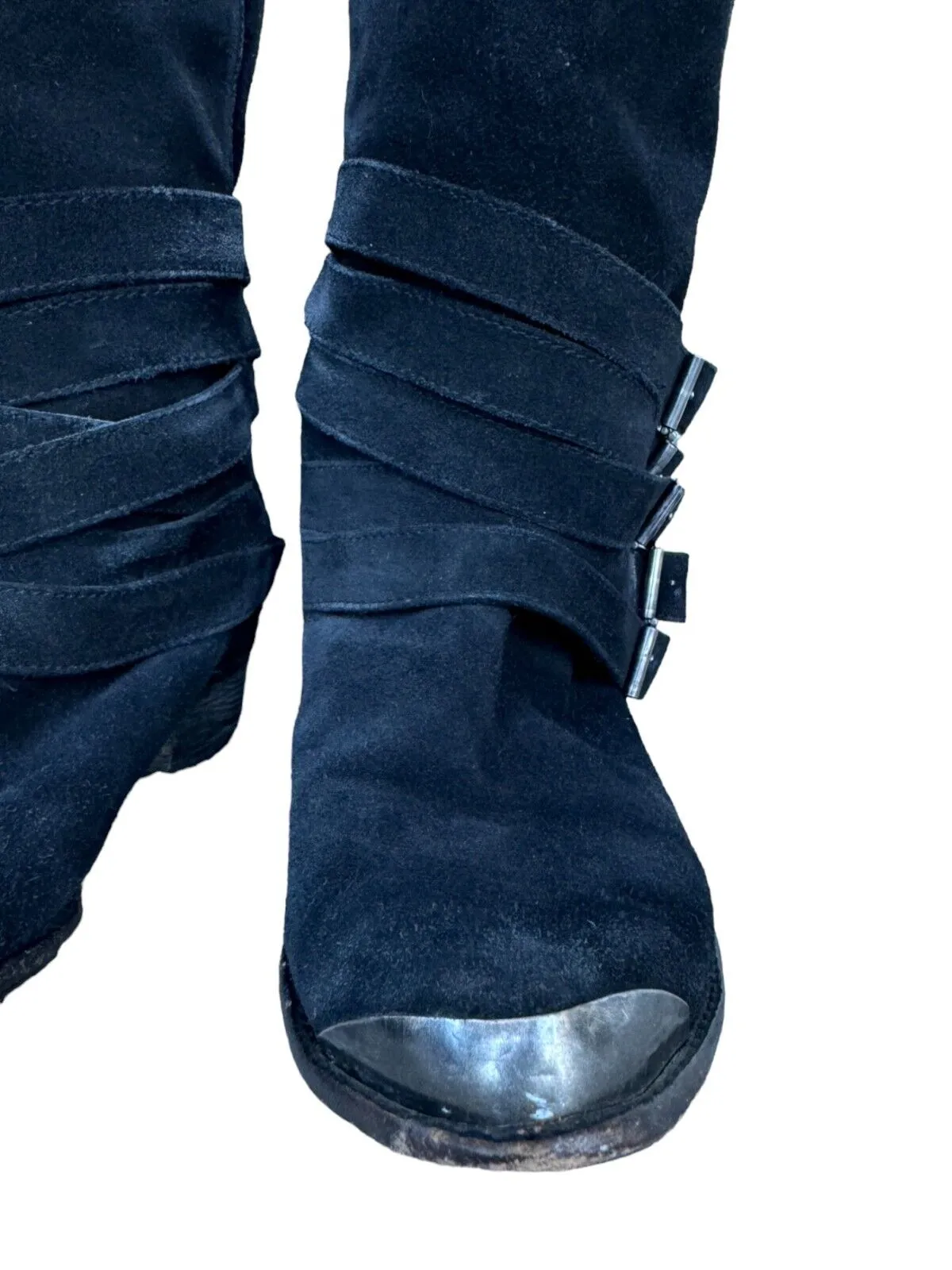 Splendid Strapped Buckles Mid-Calf Cowboy Boots |Black,Suede, Toe Cap, Sz 10 US