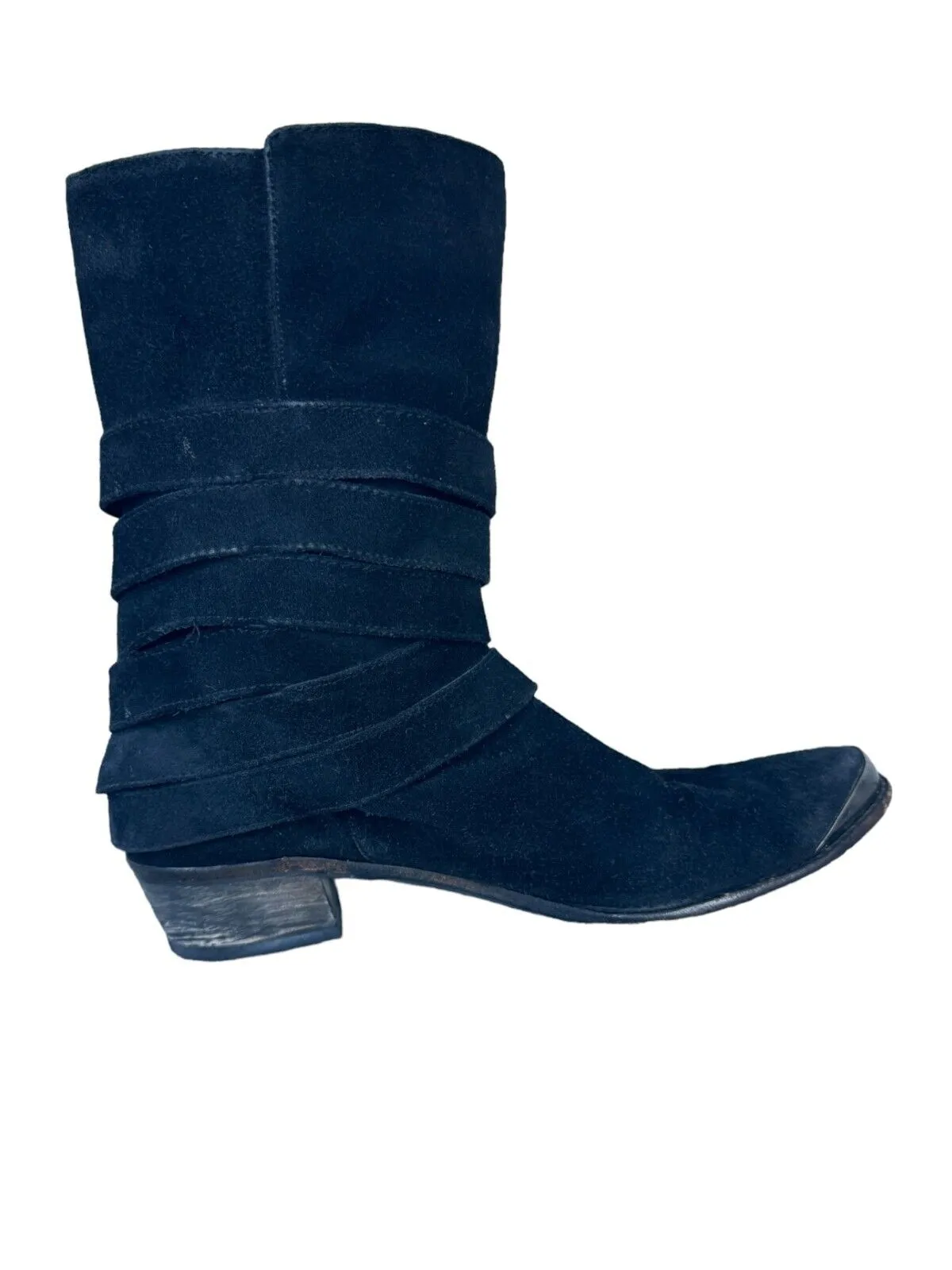 Splendid Strapped Buckles Mid-Calf Cowboy Boots |Black,Suede, Toe Cap, Sz 10 US