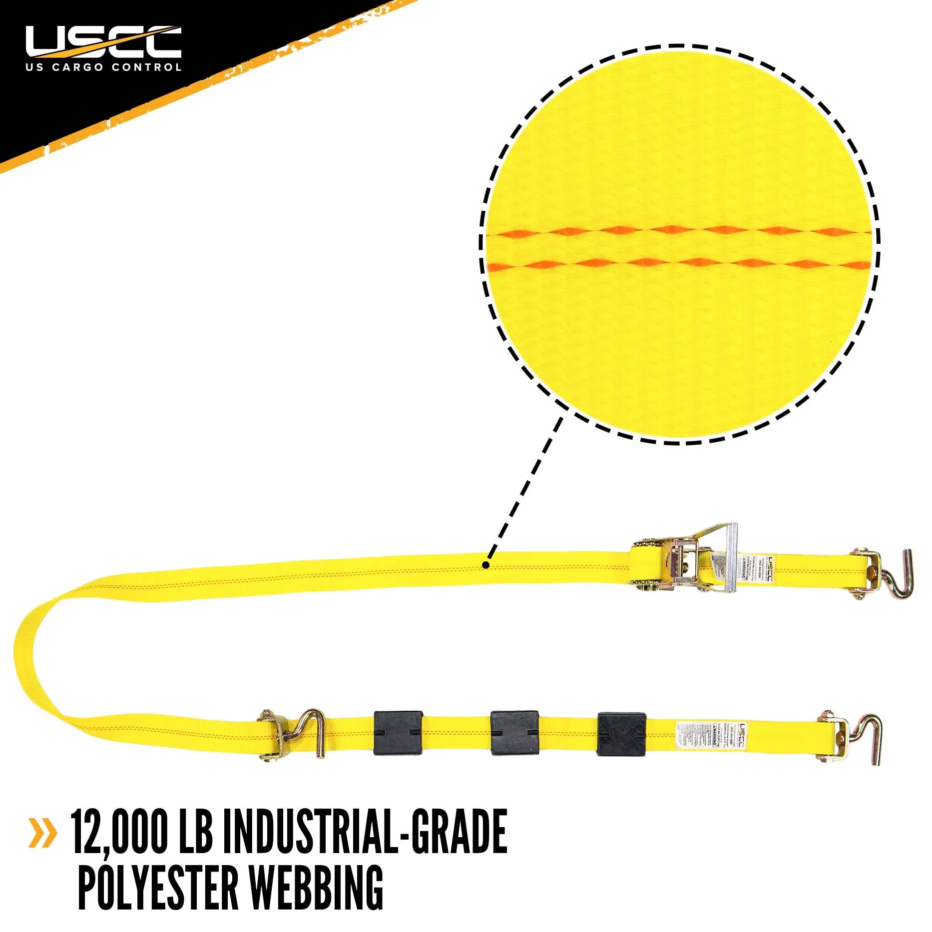 Wheel Strap with 3 Swivel J Hooks w/ 90 degree hook angle, Ratchet, and 3 Adjustable Rubber Cleats