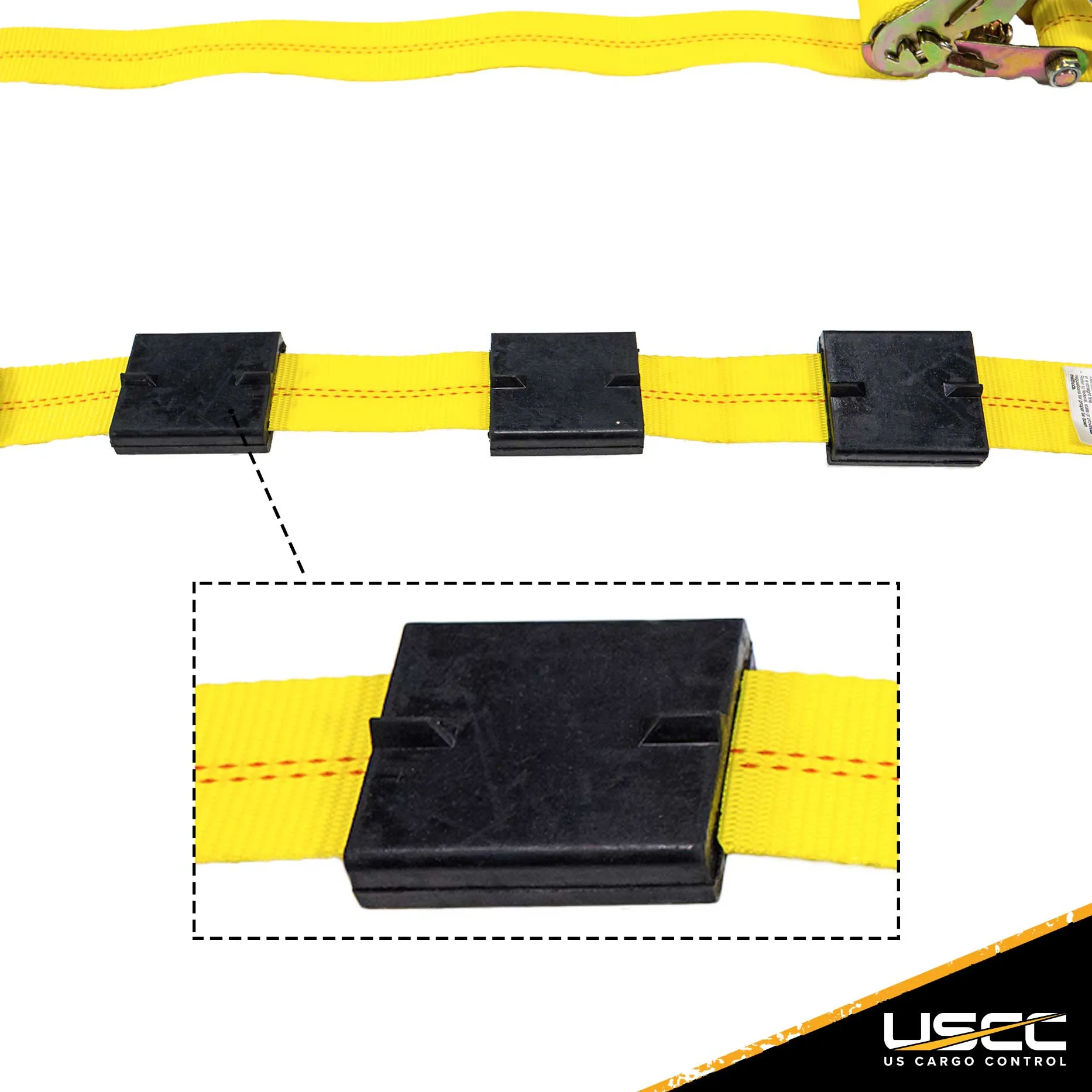 Wheel Strap with 3 Swivel J Hooks w/ 90 degree hook angle, Ratchet, and 3 Adjustable Rubber Cleats