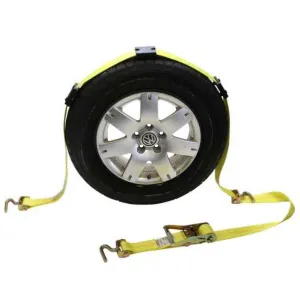 Wheel Strap with 3 Swivel J Hooks w/ 90 degree hook angle, Ratchet, and 3 Adjustable Rubber Cleats