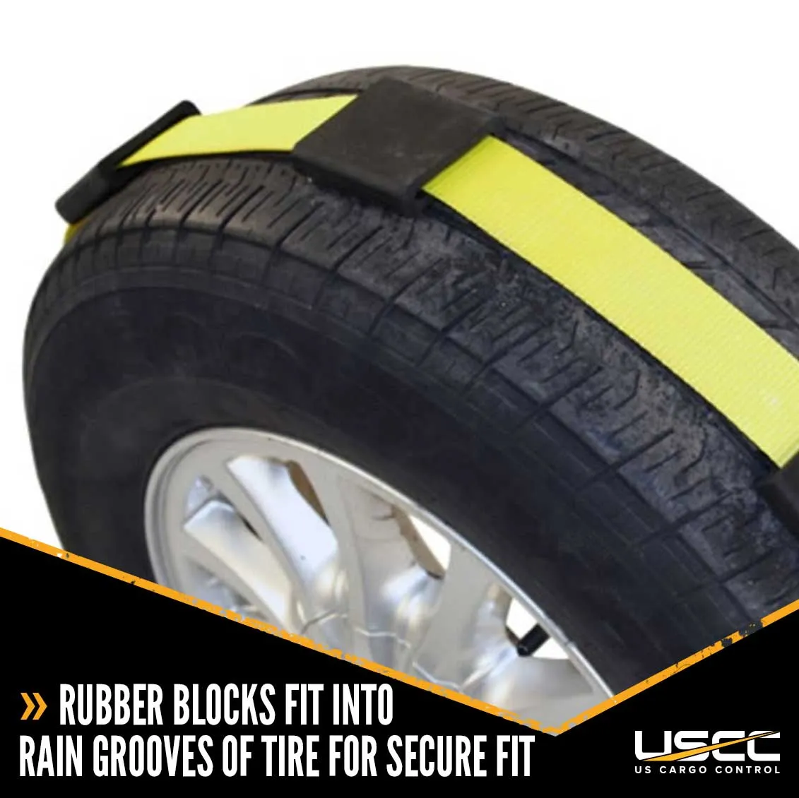 Wheel Strap with 3 Swivel J Hooks w/ 90 degree hook angle, Ratchet, and 3 Adjustable Rubber Cleats