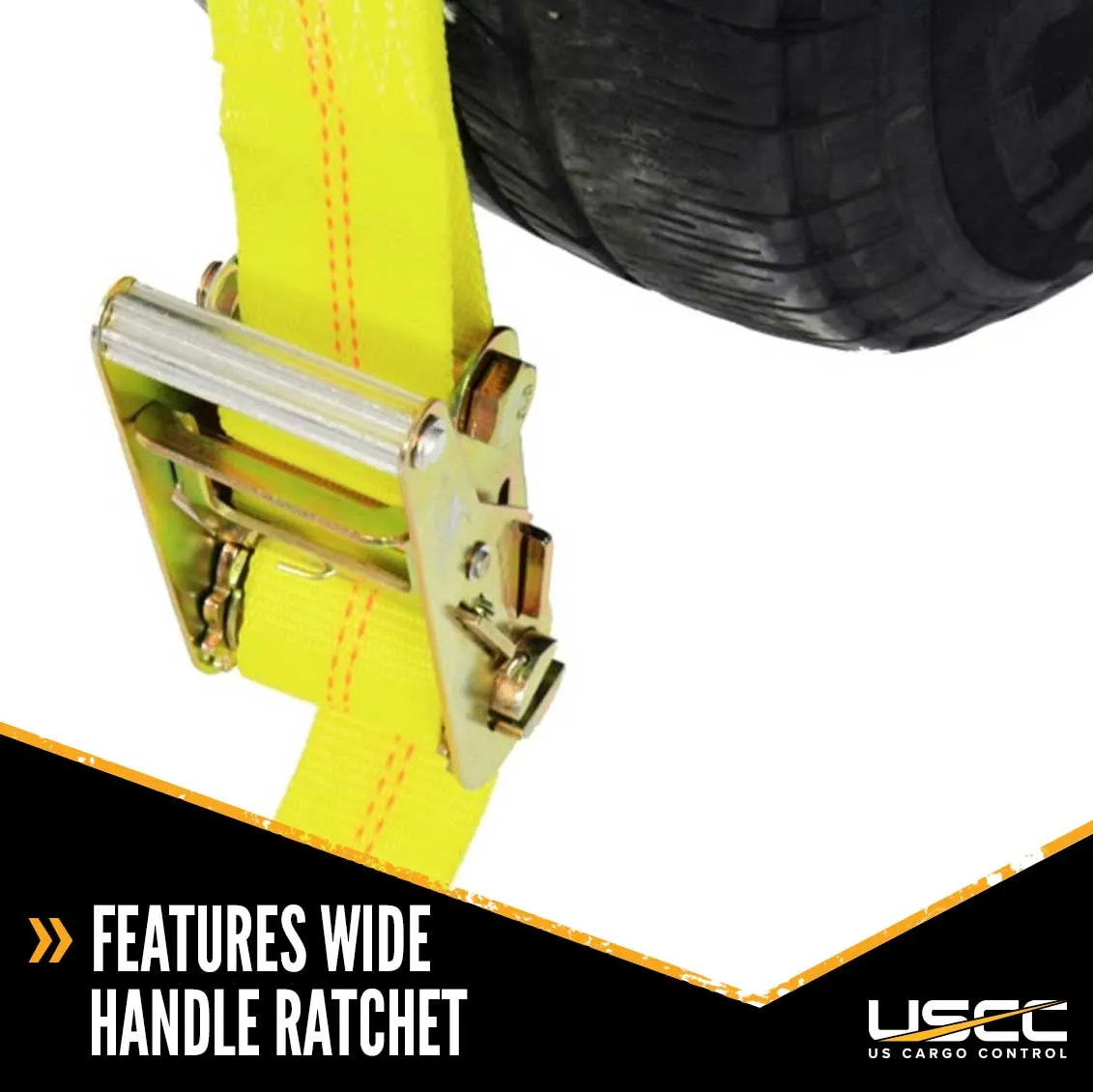 Wheel Strap with 3 Swivel J Hooks with 90 degree hook angle, Ratchet, and 3 Fixed Rubber Cleats