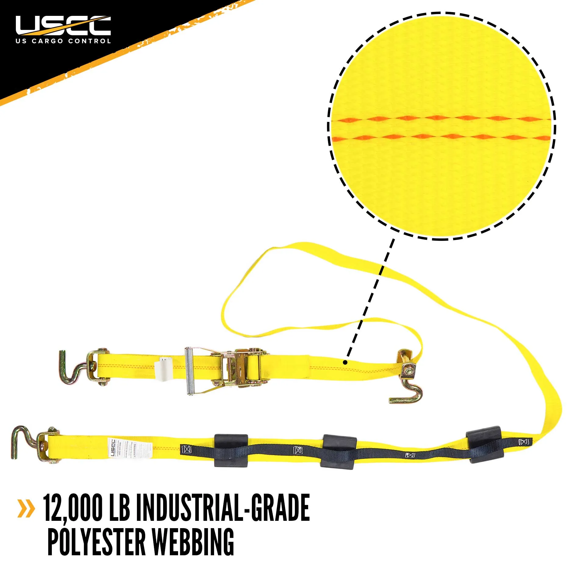 Wheel Strap with 3 Swivel J Hooks with 90 degree hook angle, Ratchet, and 3 Fixed Rubber Cleats