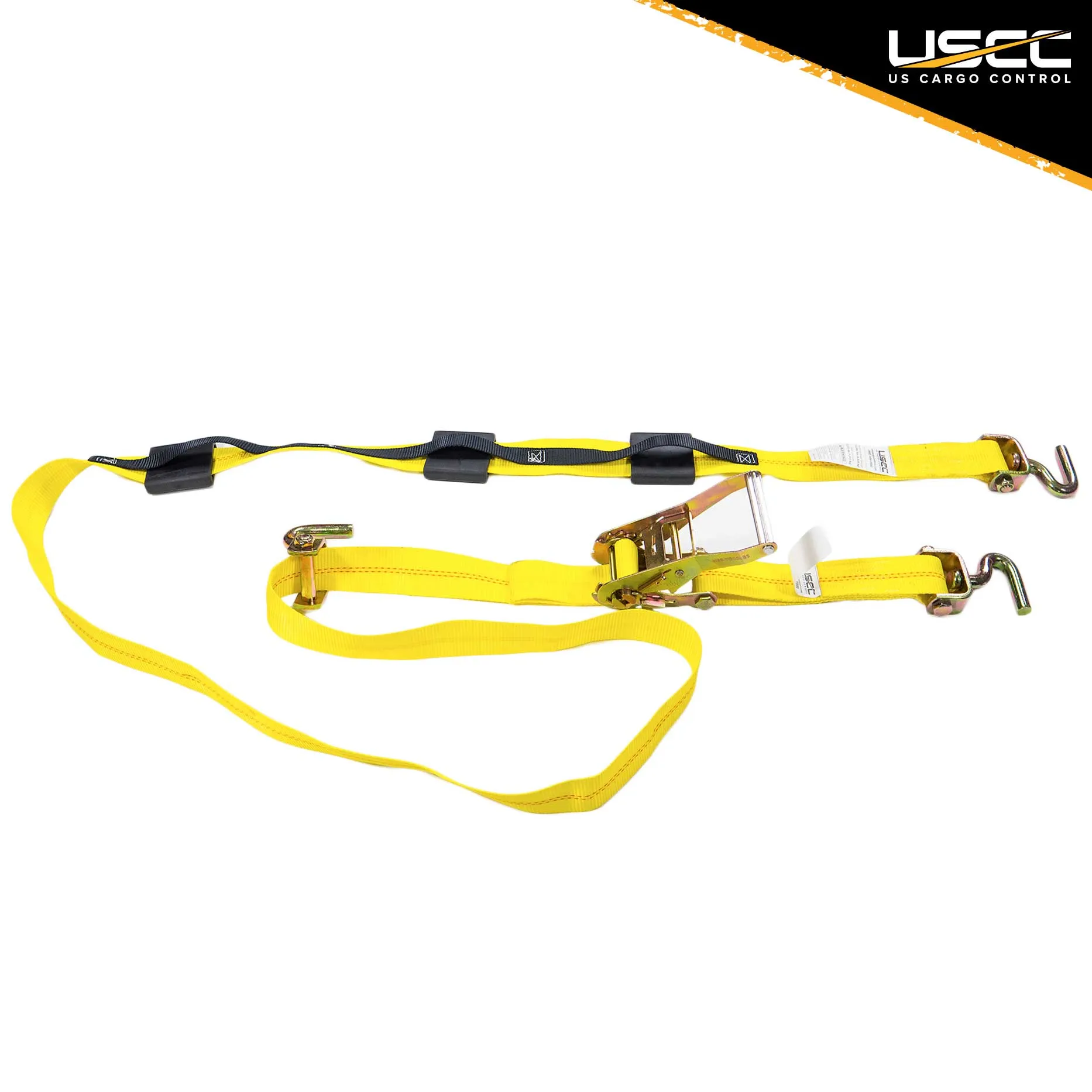 Wheel Strap with 3 Swivel J Hooks with 90 degree hook angle, Ratchet, and 3 Fixed Rubber Cleats