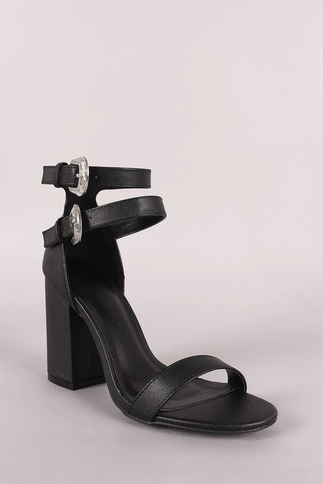Wild Diva Lounge Etched Buckled Strap Chunky Heel