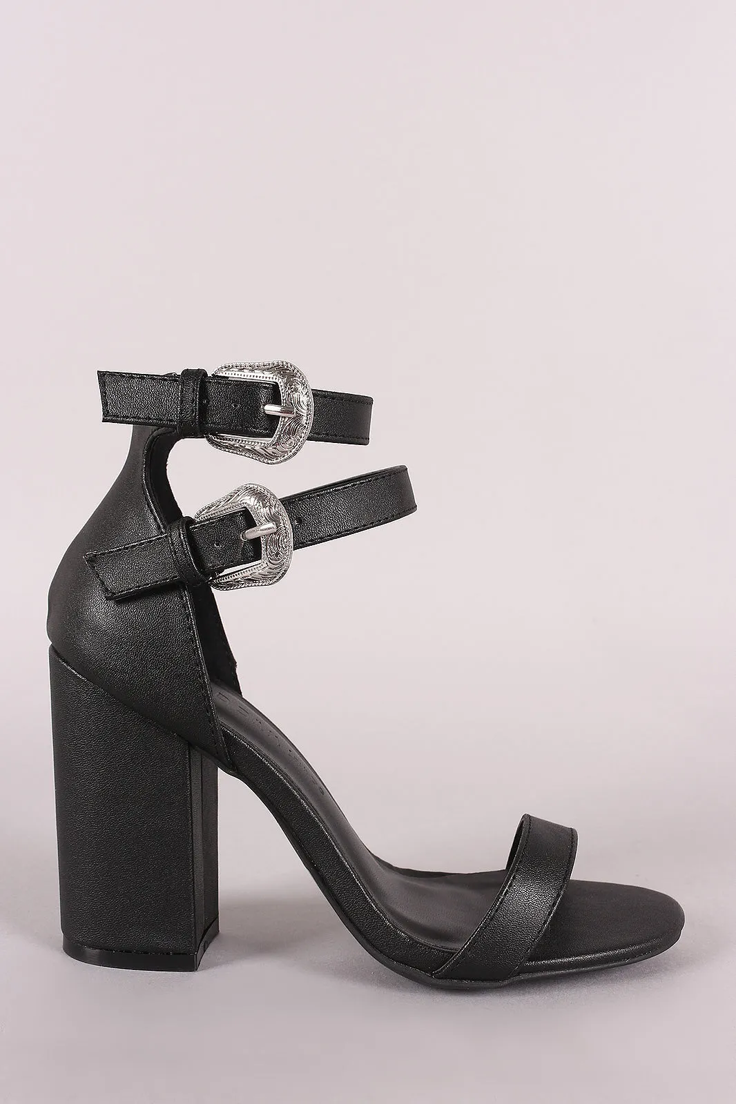 Wild Diva Lounge Etched Buckled Strap Chunky Heel