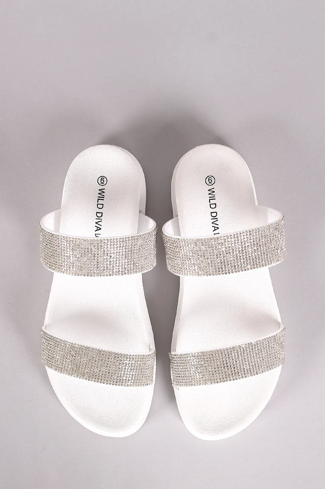 Wild Diva Lounge Rhinestone Straps Slide Lug Sole Flat Sandal