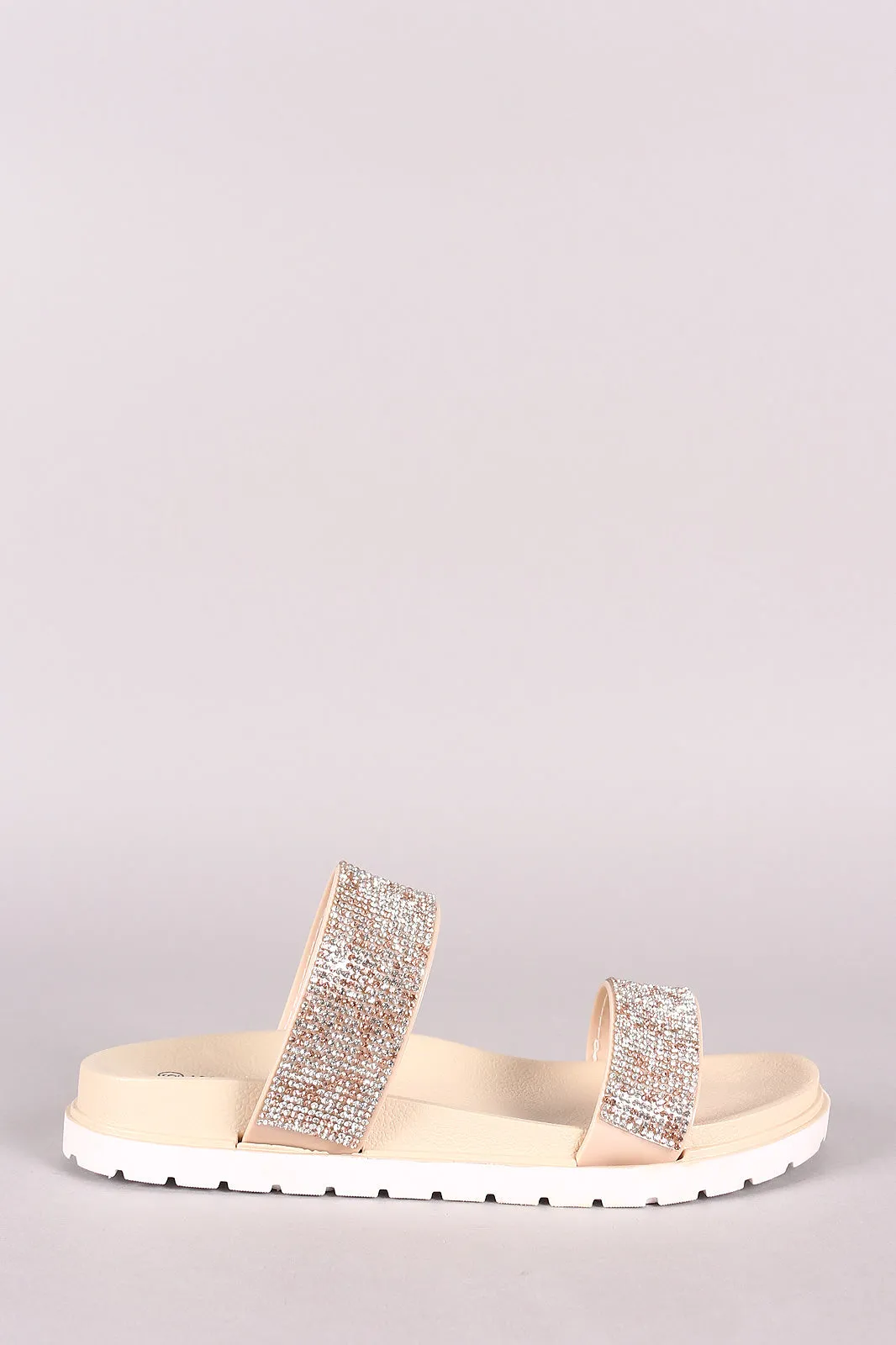 Wild Diva Lounge Rhinestone Straps Slide Lug Sole Flat Sandal