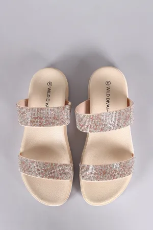 Wild Diva Lounge Rhinestone Straps Slide Lug Sole Flat Sandal