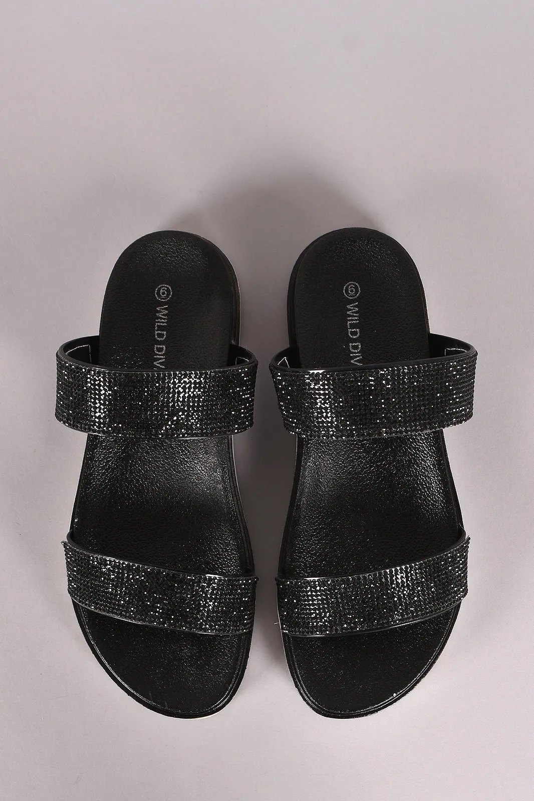 Wild Diva Lounge Rhinestone Straps Slide Lug Sole Flat Sandal