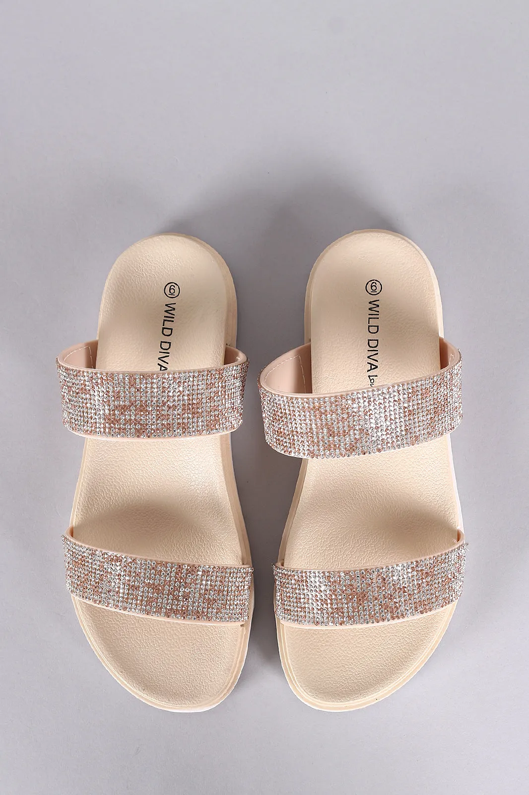 Wild Diva Lounge Rhinestone Straps Slide Lug Sole Flat Sandal