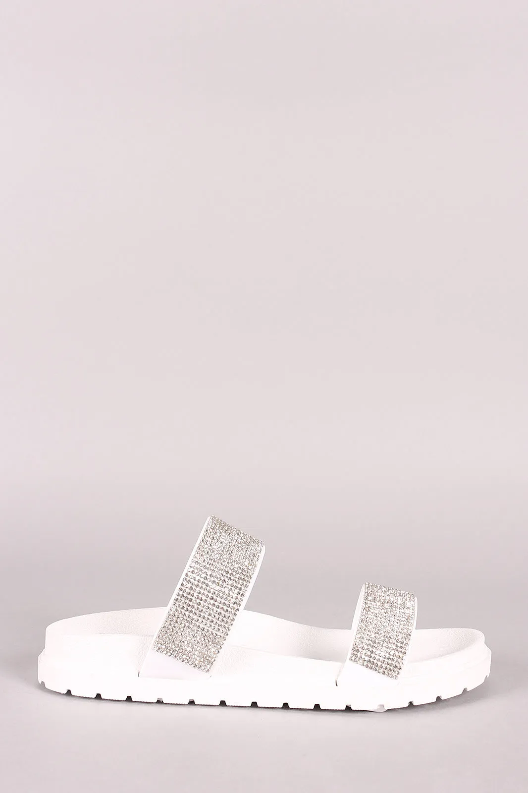 Wild Diva Lounge Rhinestone Straps Slide Lug Sole Flat Sandal