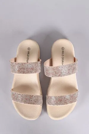 Wild Diva Lounge Rhinestone Straps Slide Lug Sole Flat Sandal