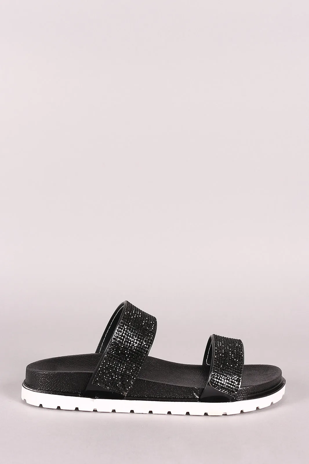 Wild Diva Lounge Rhinestone Straps Slide Lug Sole Flat Sandal