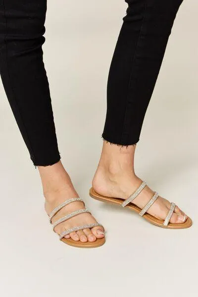 Wild Diva Three-Strap Tan Rhinestone Flat Sandals
