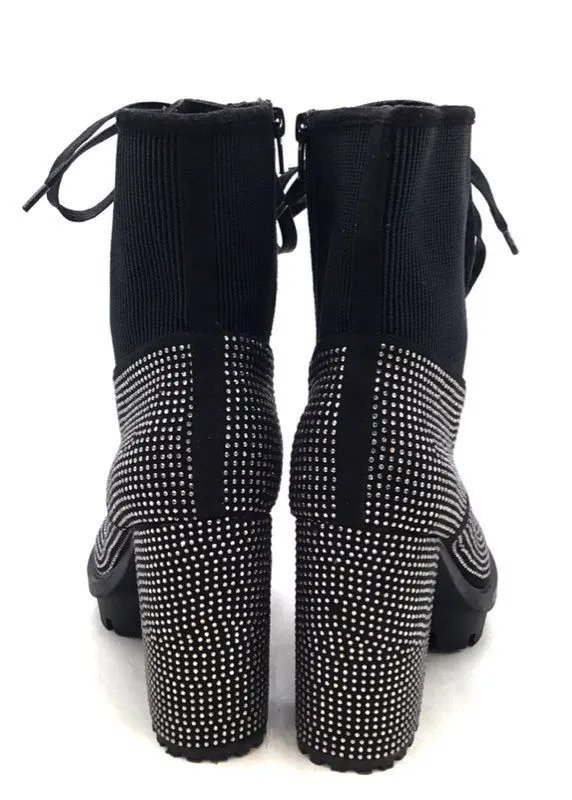 Wild Diva Women's Black Rhinestone Combat Boots - Size 10