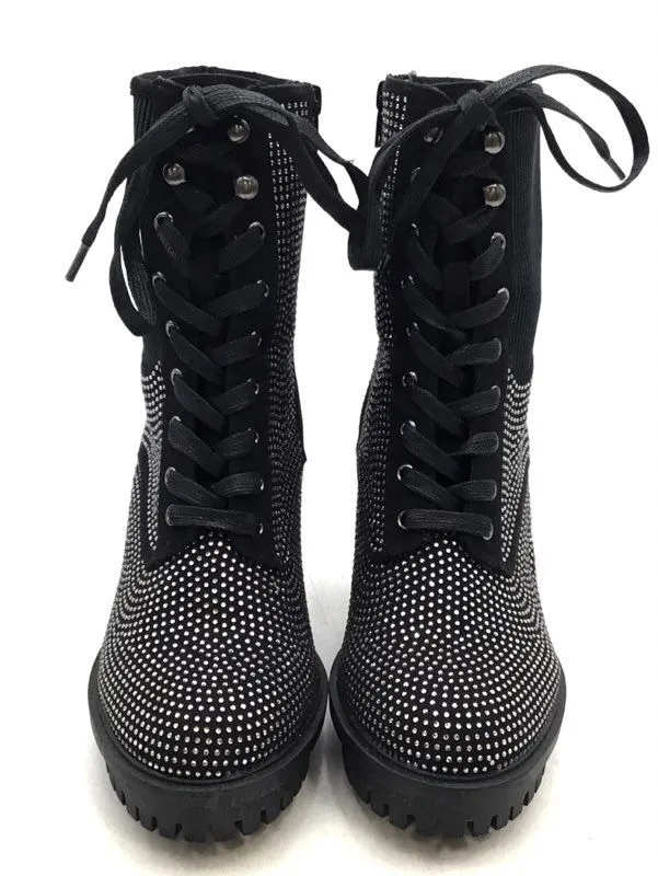 Wild Diva Women's Black Rhinestone Combat Boots - Size 10