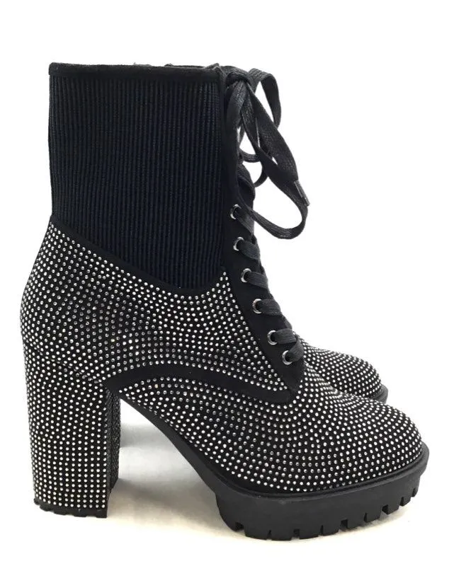 Wild Diva Women's Black Rhinestone Combat Boots - Size 10