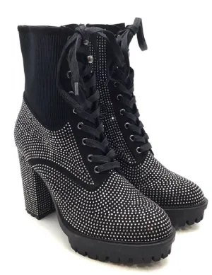 Wild Diva Women's Black Rhinestone Combat Boots - Size 10
