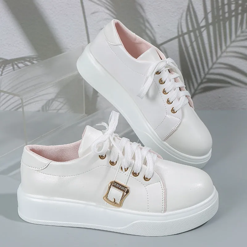 Women's Lightweight Round, Toe Lace-up Flats Shoes With Metal Buckle.