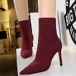Wool Plain Point Toe High Heel Calf Boots