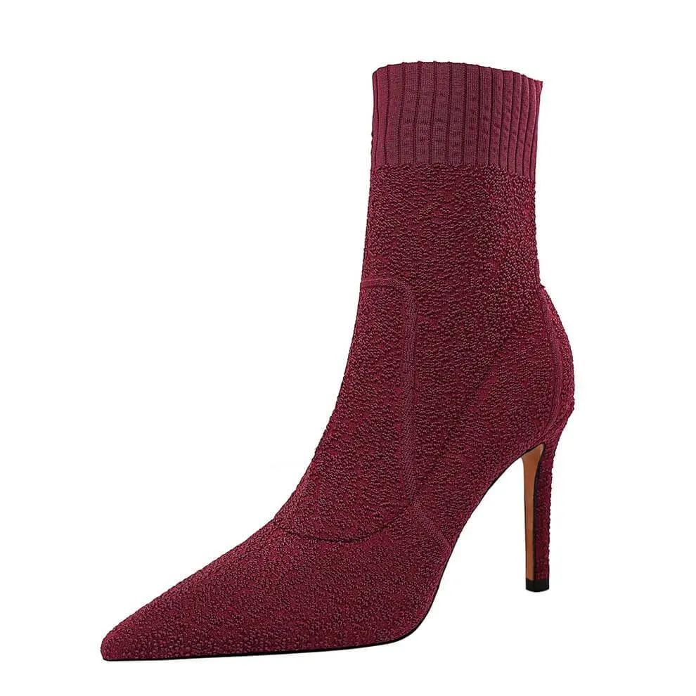 Wool Plain Point Toe High Heel Calf Boots