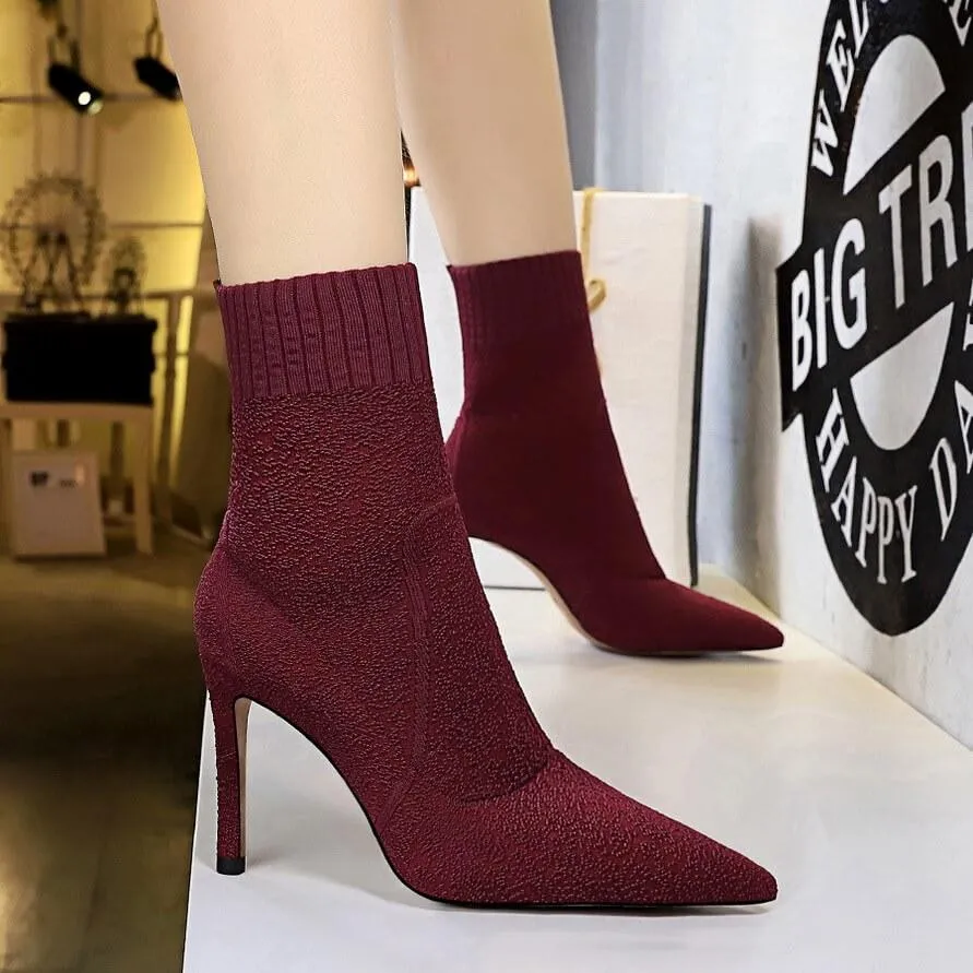 Wool Plain Point Toe High Heel Calf Boots