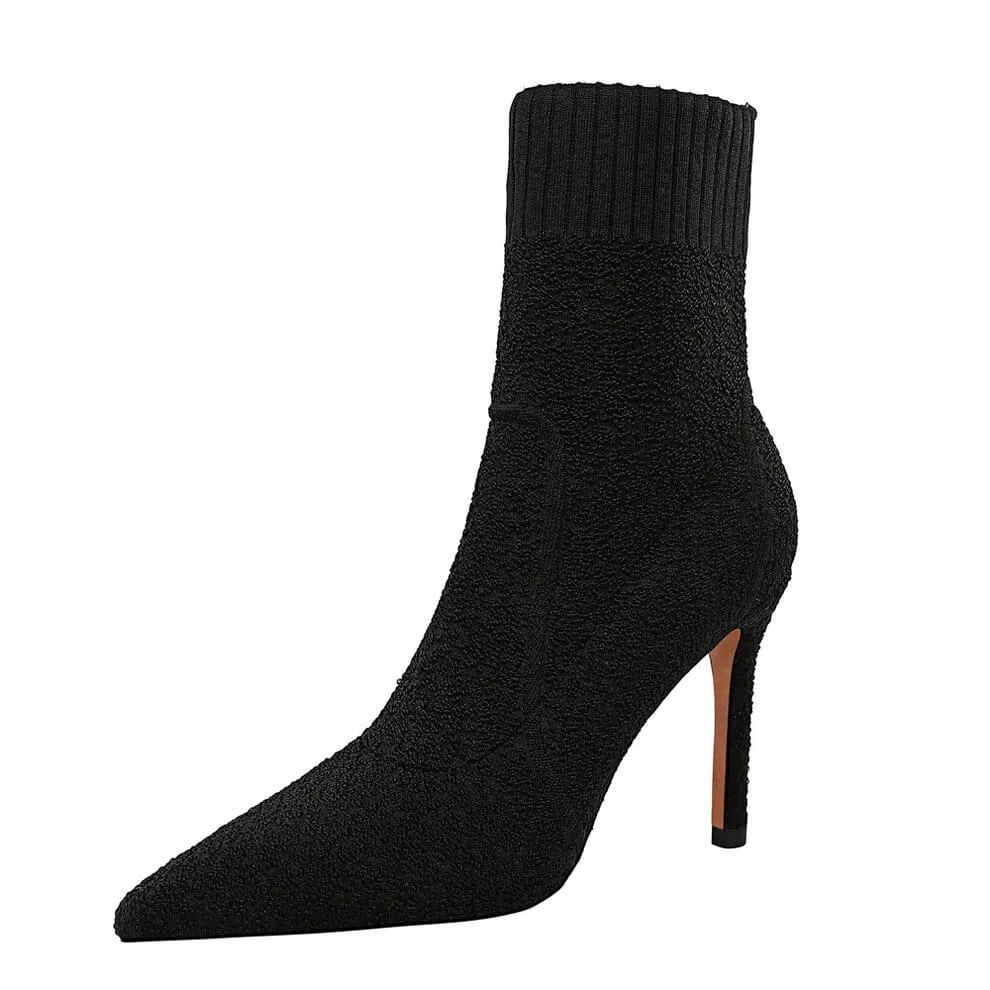 Wool Plain Point Toe High Heel Calf Boots